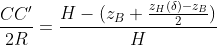 \frac{CC'}{2R}=\frac{H-(z_{B}+\frac{z_{H}(\delta )-z_{B}}{2})}{H}
